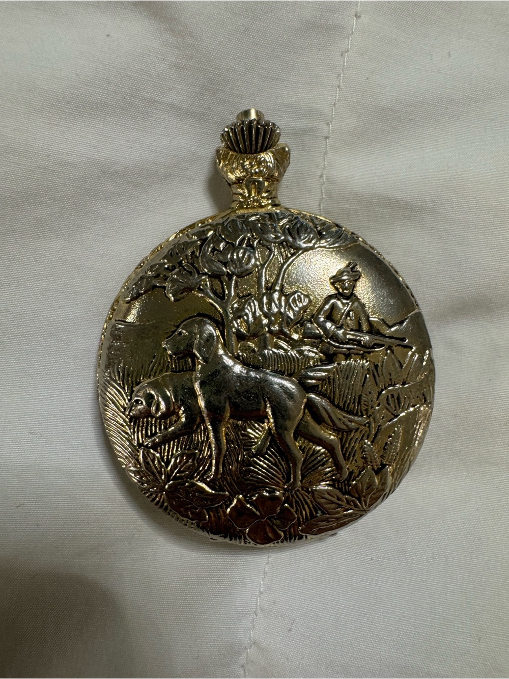Gold-Tone and Silver Hunting Scene Decorative Pocket Watch